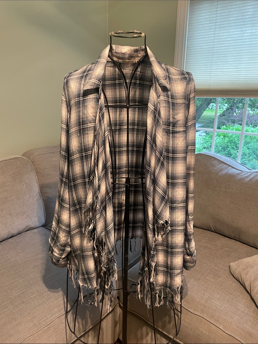 Willow & Clay Black and White Plaid Fringe Open-Front Cape
